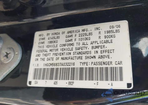 2007 Honda Accord 2.4 Ex from USA, damaged, VIN 1HGCM56837A032216